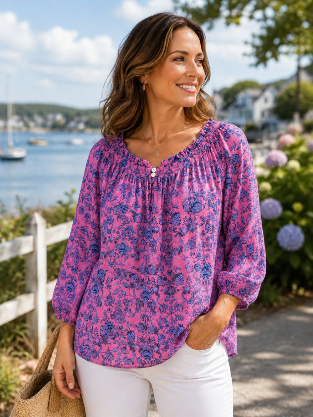 J.Jill Pink Blue Floral 100% Cotton Peasant Blouse 3/4 Sleeve Size M 1269